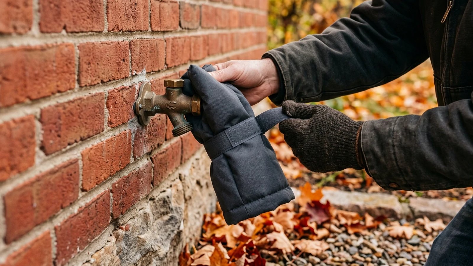 Installing an insulated cover on an outdoor faucet to protect it from freezing