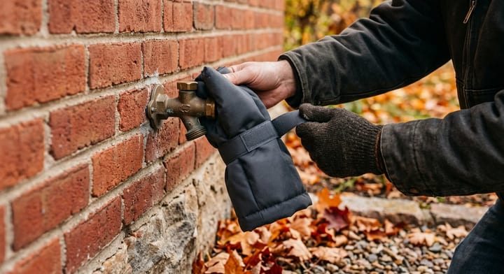 Installing an insulated cover on an outdoor faucet to protect it from freezing
