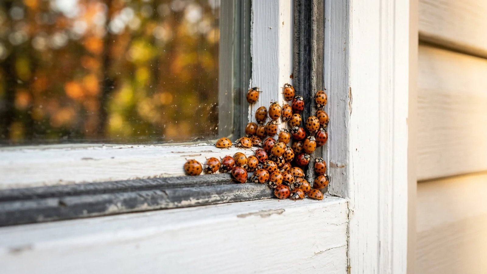 A cluster of orange Asian lady beetles gathering on a white window frame during fall.