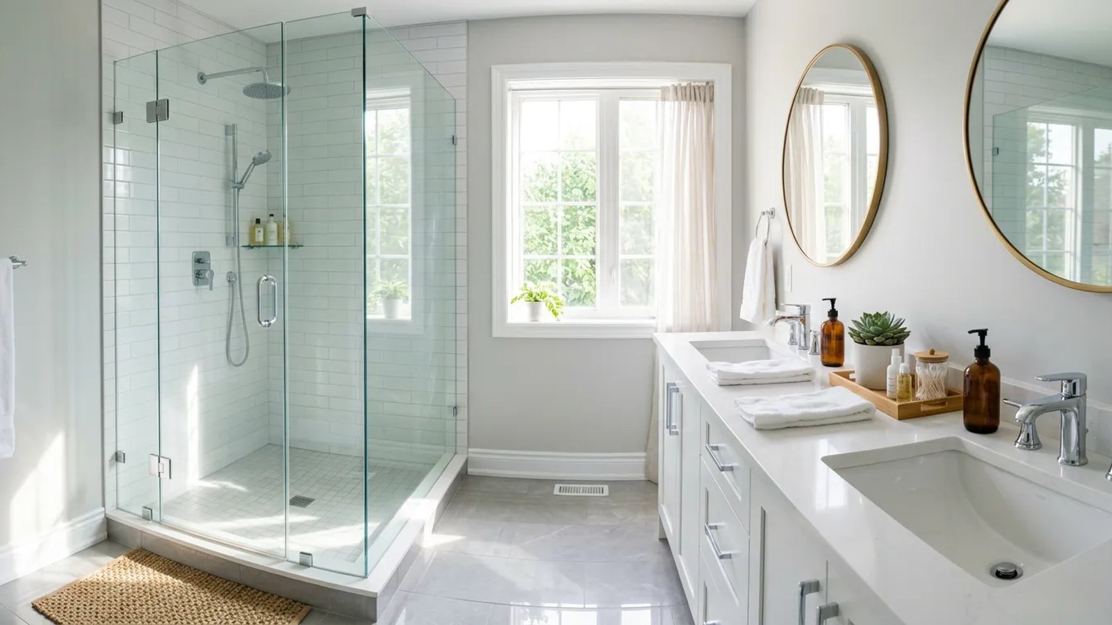 A sparkling clean and well-organized modern bathroom