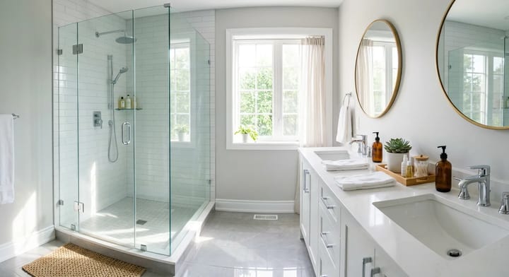 A sparkling clean and well-organized modern bathroom