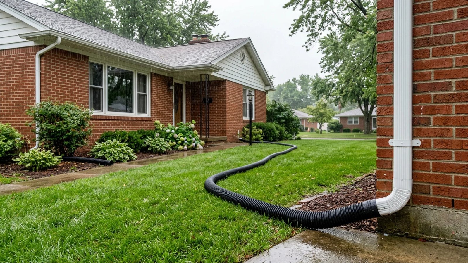 A white gutter downspout connected to a black extension pipe directing rainwater away from a brick foundation.