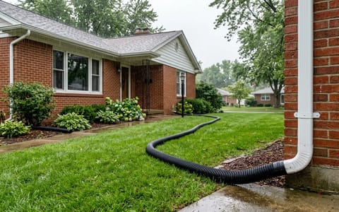 A white gutter downspout connected to a black extension pipe directing rainwater away from a brick foundation.