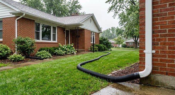A white gutter downspout connected to a black extension pipe directing rainwater away from a brick foundation.
