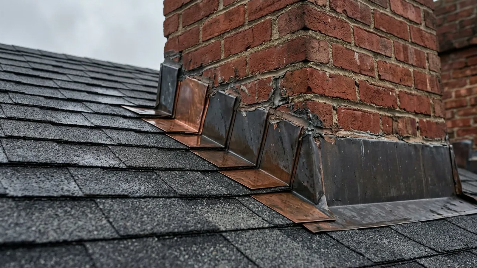 Brick chimney on an asphalt shingle roof showing the metal flashing at the base
