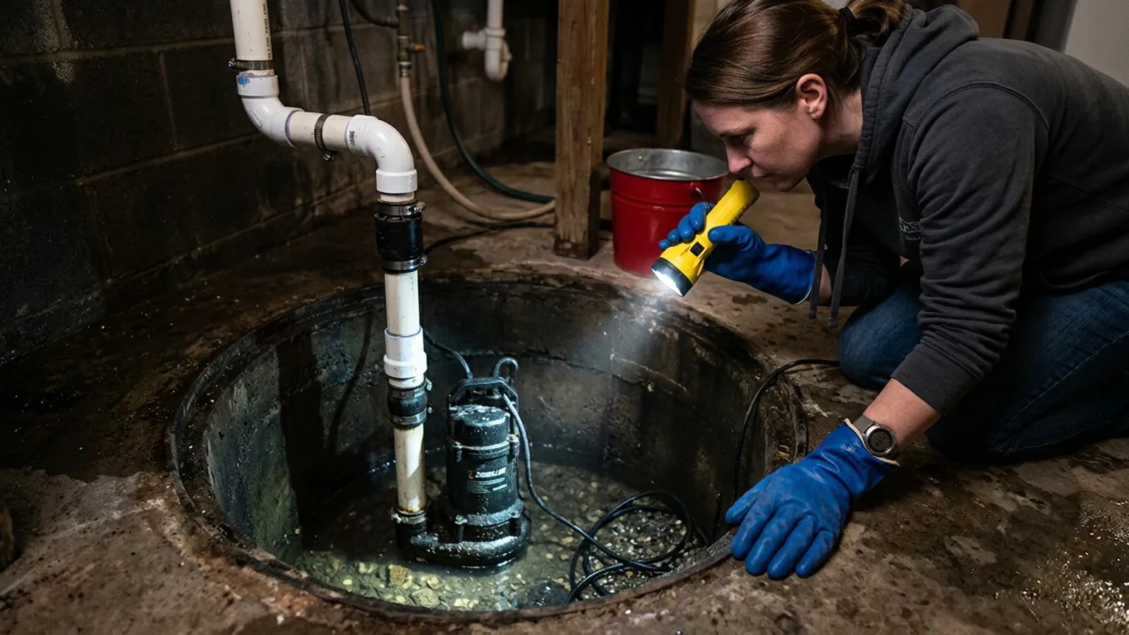 Homeowner inspecting a submersible sump pump inside a concrete basement pit with a flashlight.