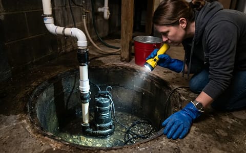 Homeowner inspecting a submersible sump pump inside a concrete basement pit with a flashlight.