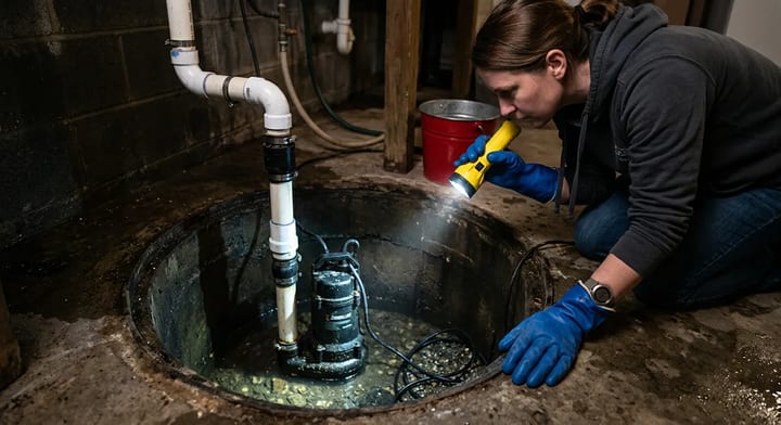 Homeowner inspecting a submersible sump pump inside a concrete basement pit with a flashlight.