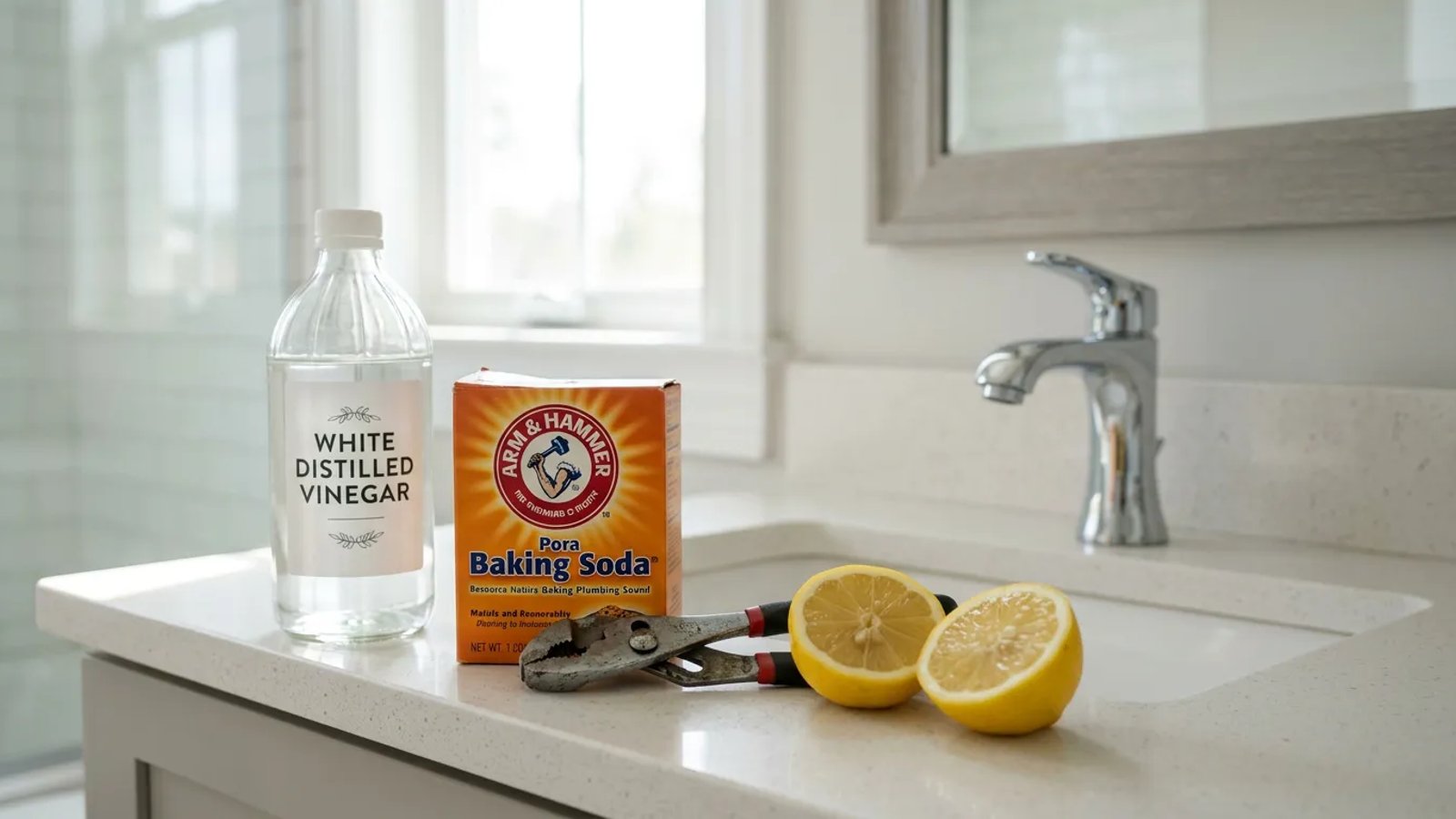 Household items like vinegar, baking soda, and lemons arranged on a bathroom counter for DIY plumbing fixes