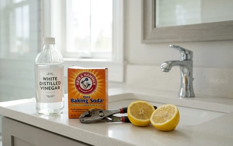 Household items like vinegar, baking soda, and lemons arranged on a bathroom counter for DIY plumbing fixes
