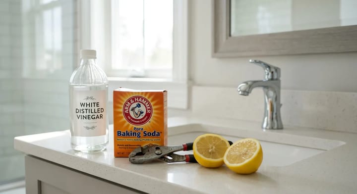 Household items like vinegar, baking soda, and lemons arranged on a bathroom counter for DIY plumbing fixes