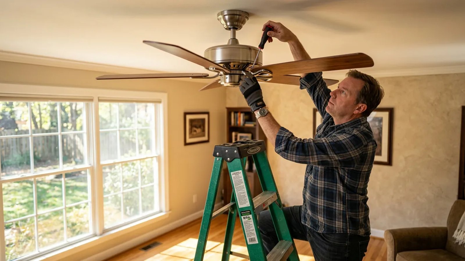 Homeowner tightening ceiling fan blade screws with a screwdriver