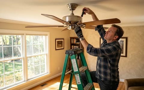 Homeowner tightening ceiling fan blade screws with a screwdriver