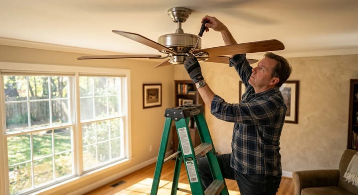 Homeowner tightening ceiling fan blade screws with a screwdriver