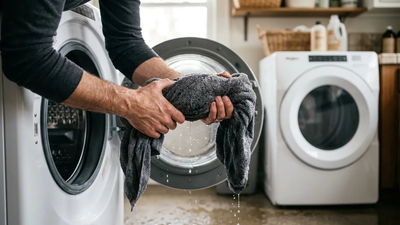 Soaking wet clothes pulled from a front-load washer before going into the dryer