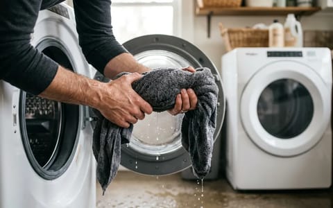 Soaking wet clothes pulled from a front-load washer before going into the dryer