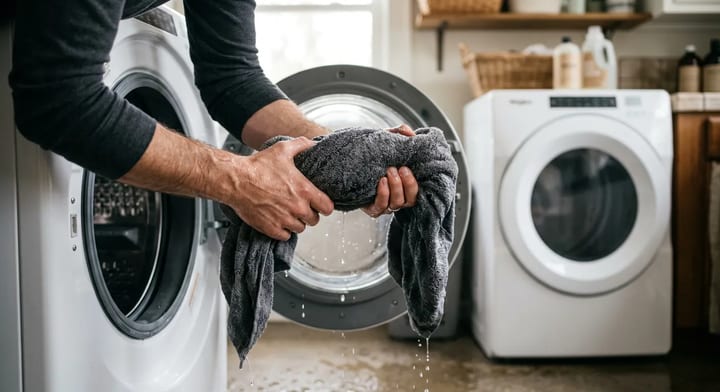 Soaking wet clothes pulled from a front-load washer before going into the dryer