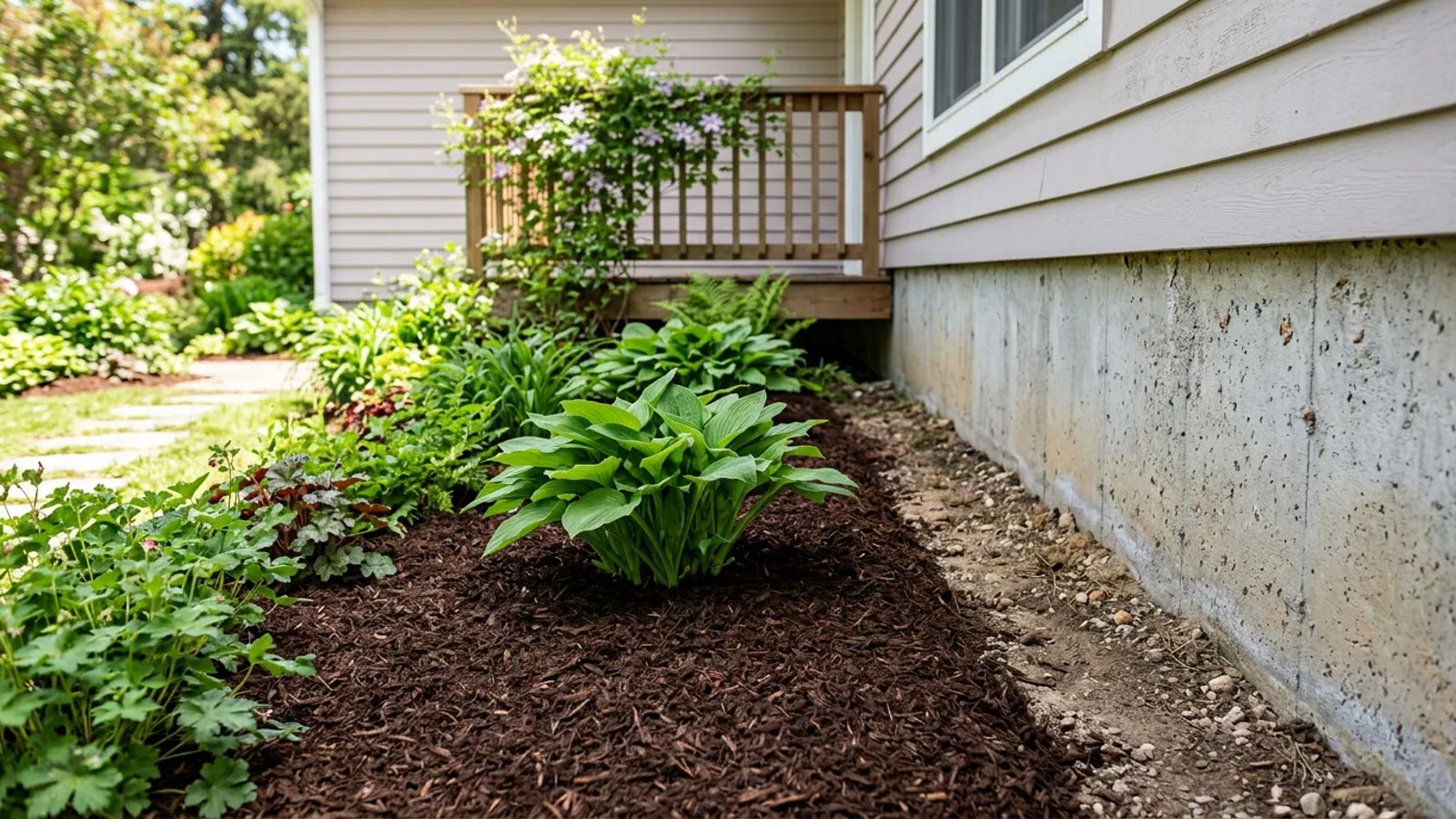 Properly mulched garden bed showing a safe 6-inch clearance from the house foundation.