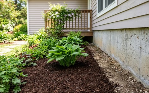 Properly mulched garden bed showing a safe 6-inch clearance from the house foundation.
