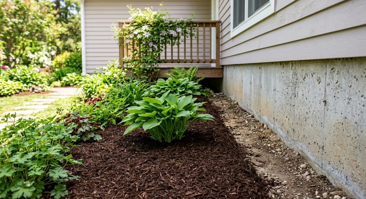 Properly mulched garden bed showing a safe 6-inch clearance from the house foundation.