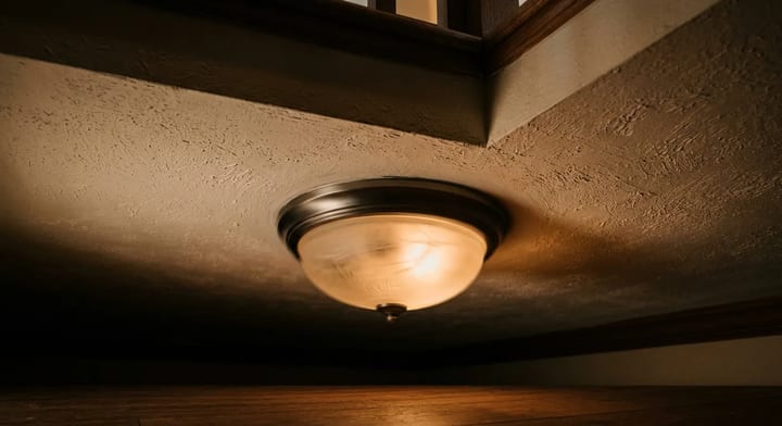 A ceiling light fixture vibrating and flickering due to footsteps on the floor above