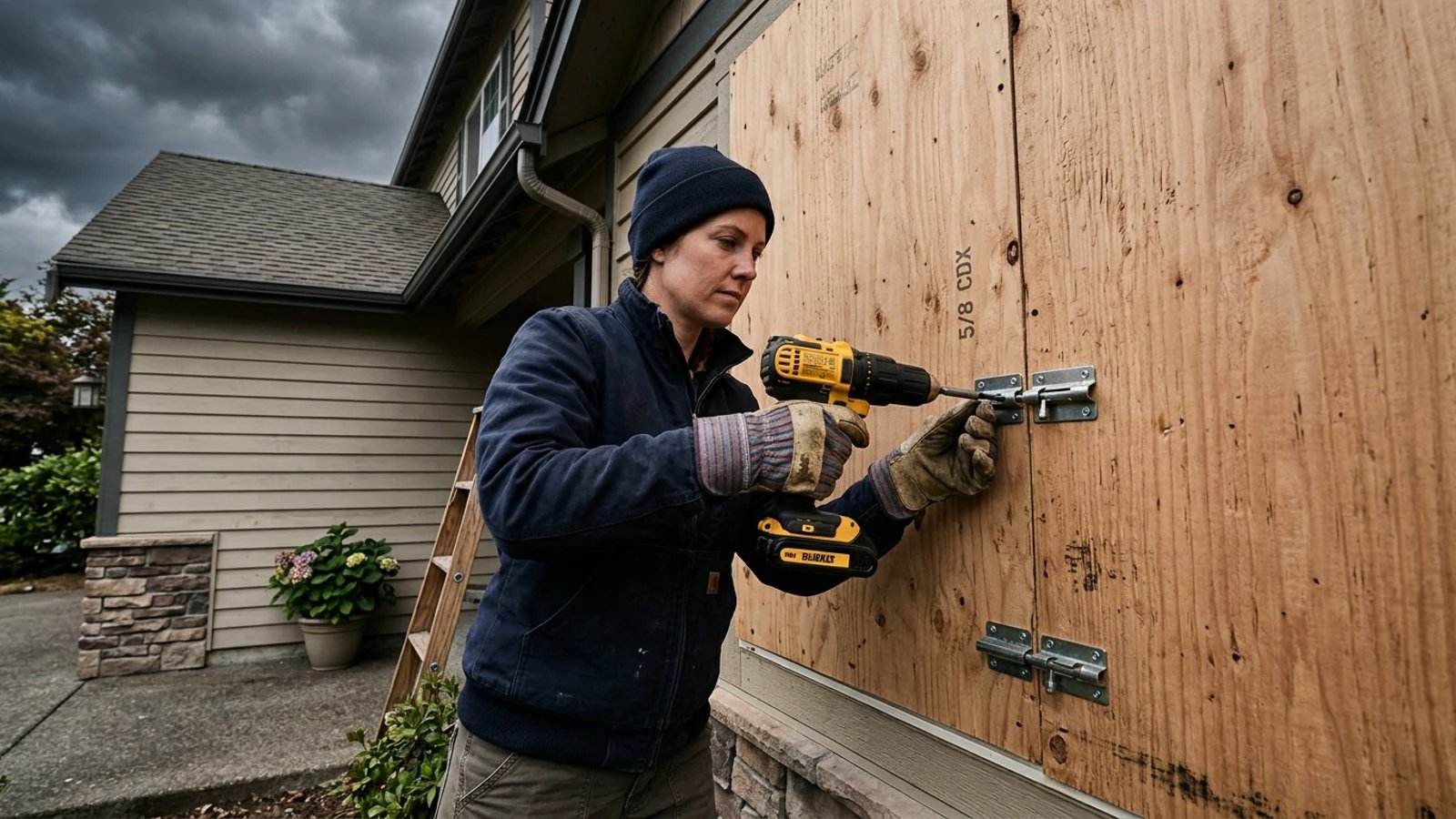 Homeowner installing plywood hurricane shutters over a window before a storm