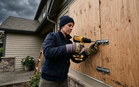 Homeowner installing plywood hurricane shutters over a window before a storm