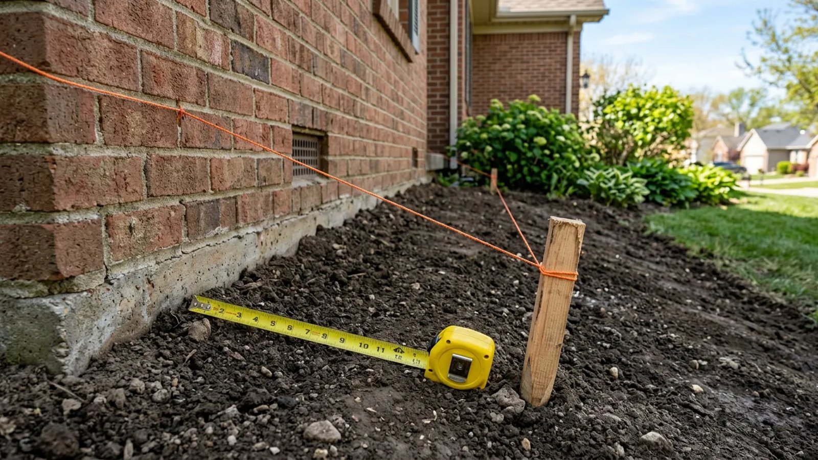 Freshly graded soil sloping away from a brick home foundation with a string level and tape measure.