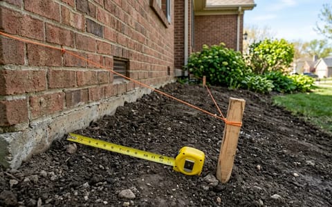 Freshly graded soil sloping away from a brick home foundation with a string level and tape measure.