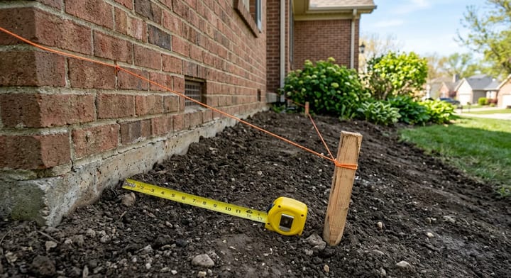 Freshly graded soil sloping away from a brick home foundation with a string level and tape measure.