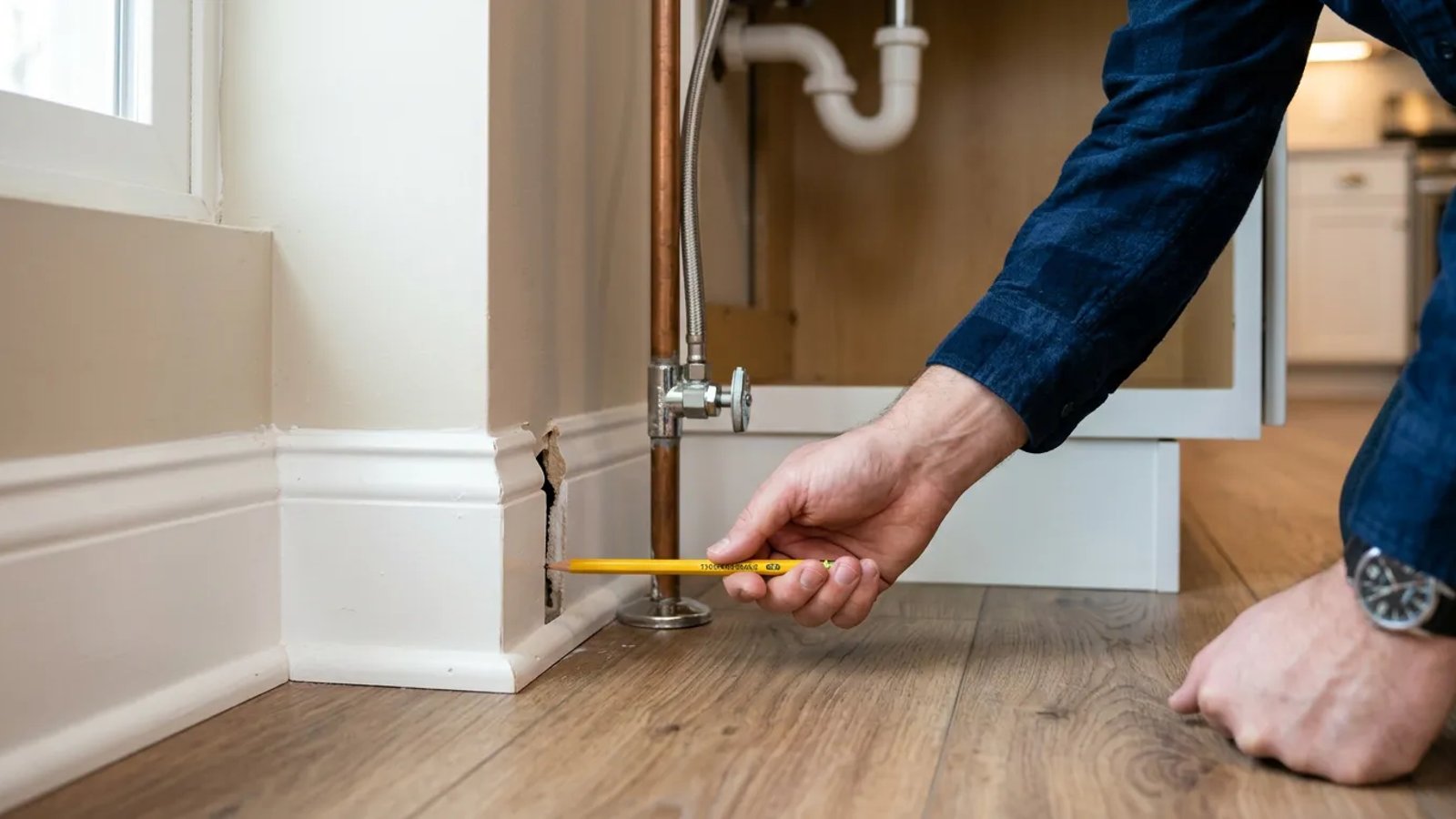 Homeowner using a pencil to measure a gap around a kitchen pipe to check for mouse entry points
