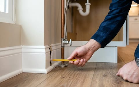 Homeowner using a pencil to measure a gap around a kitchen pipe to check for mouse entry points