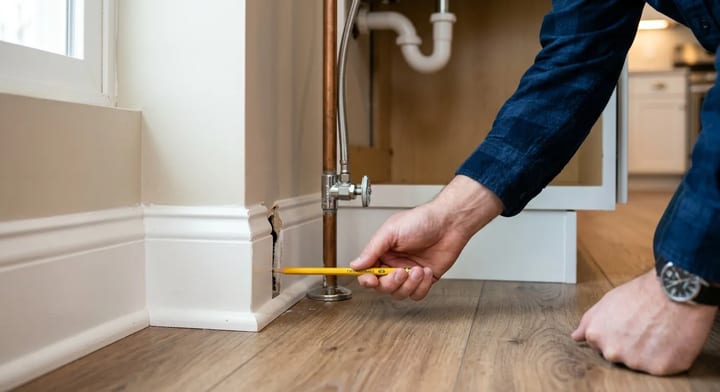 Homeowner using a pencil to measure a gap around a kitchen pipe to check for mouse entry points