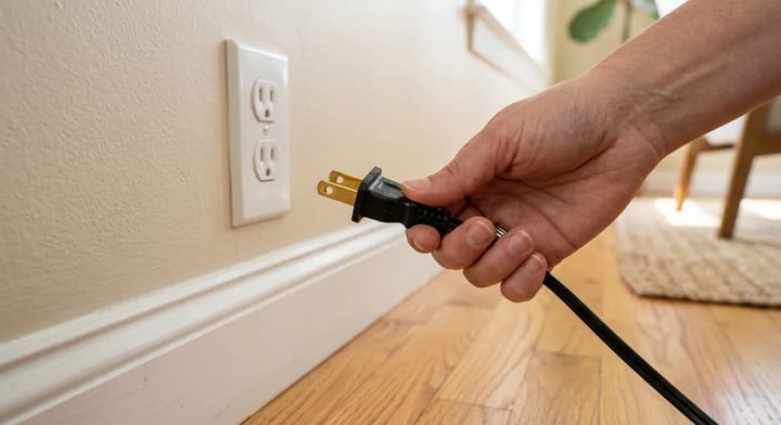 Hand holding an electrical plug recently removed from a wall outlet