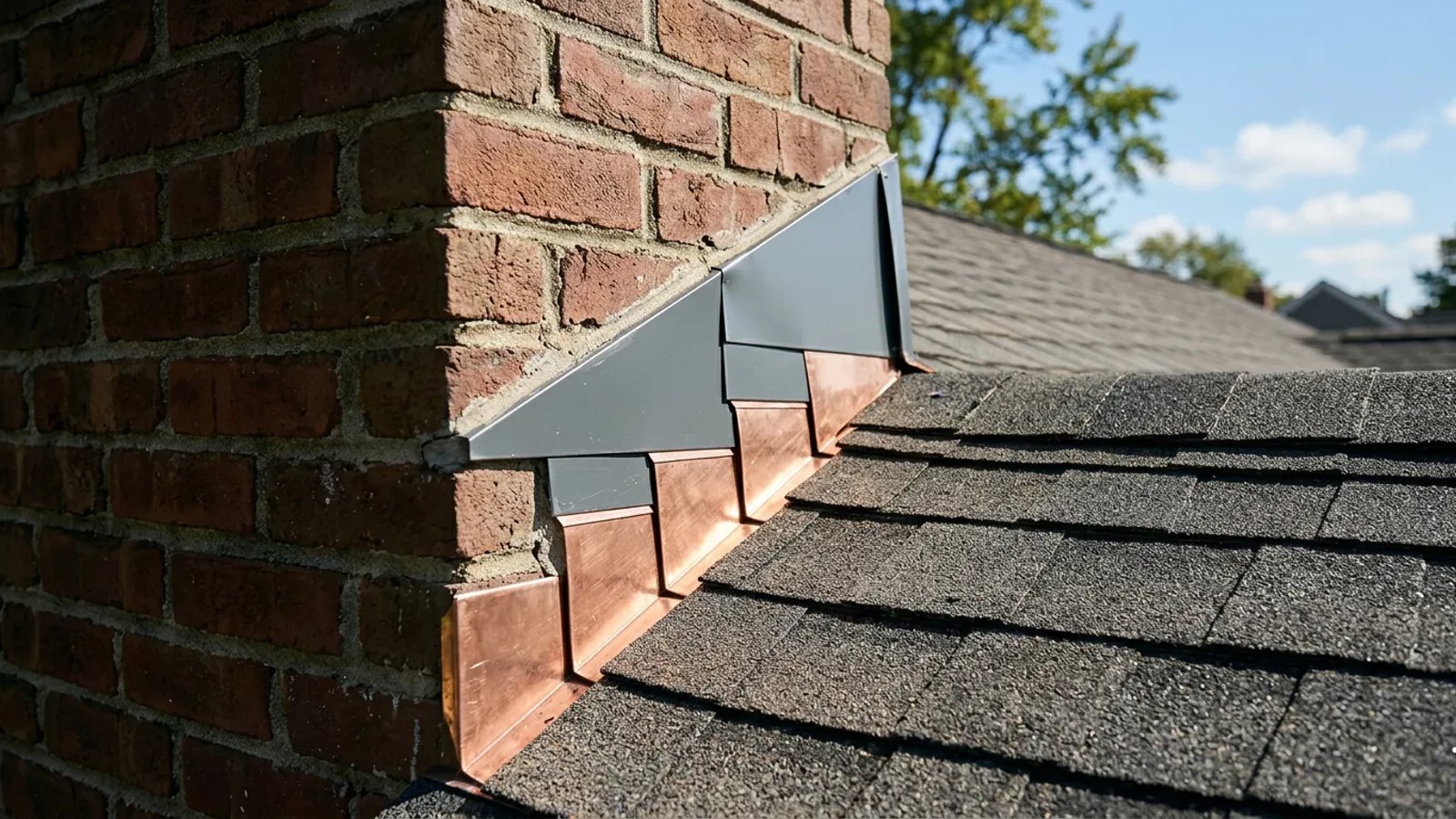 Proper metal step and counter-flashing installed on a brick chimney.