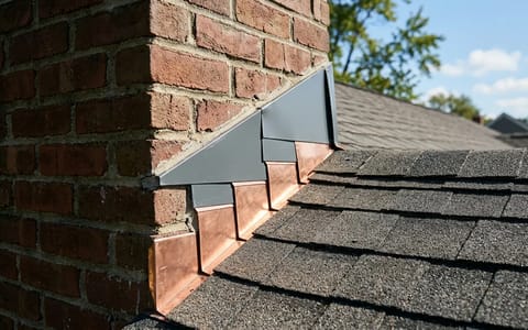 Proper metal step and counter-flashing installed on a brick chimney.