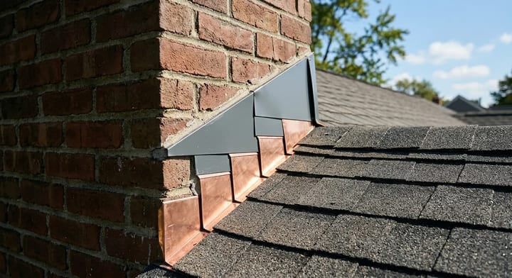 Proper metal step and counter-flashing installed on a brick chimney.