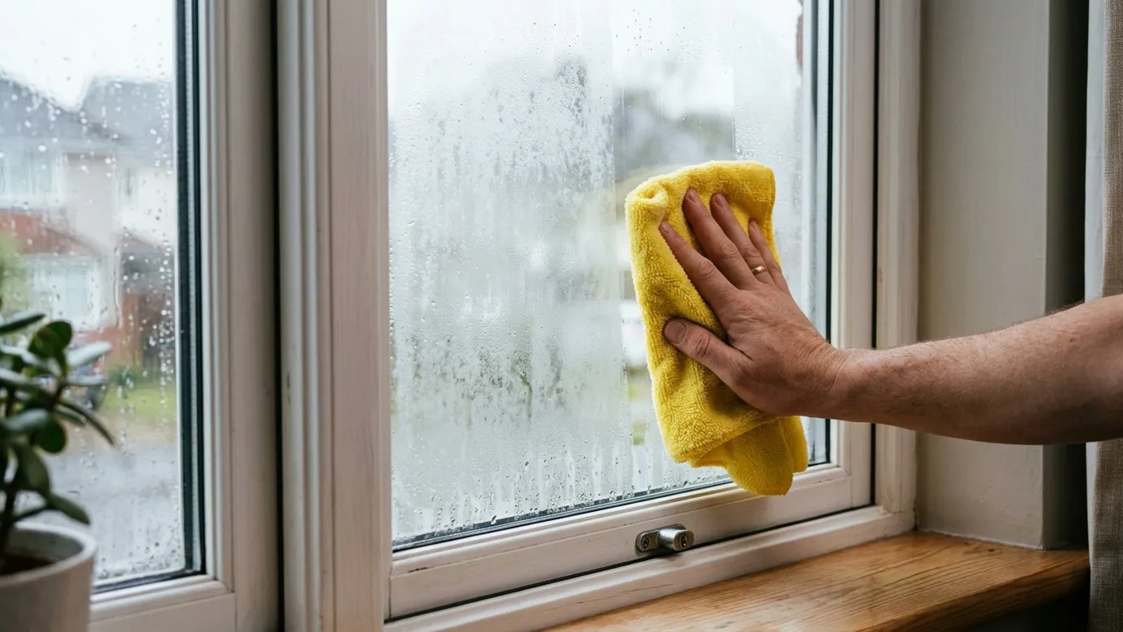 Condensation trapped between the glass panes of a double-pane residential window.
