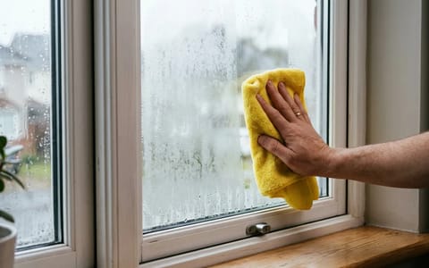 Condensation trapped between the glass panes of a double-pane residential window.