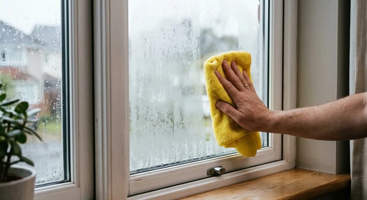 Condensation trapped between the glass panes of a double-pane residential window.