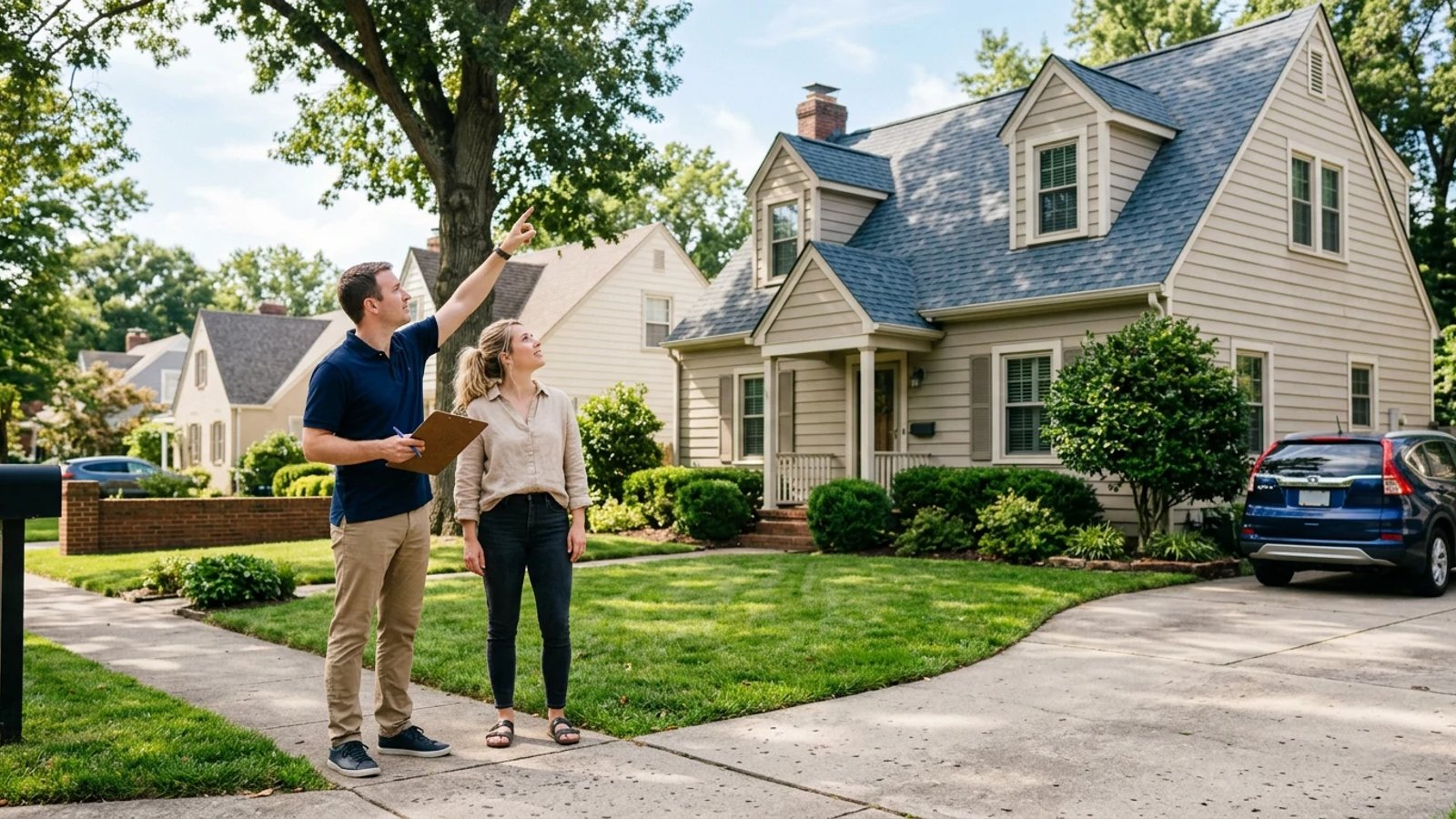 Couple evaluating a house exterior with a checklist