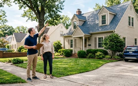 Couple evaluating a house exterior with a checklist