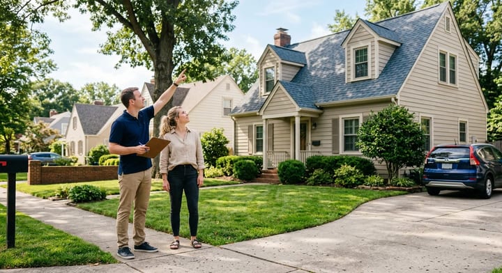 Couple evaluating a house exterior with a checklist