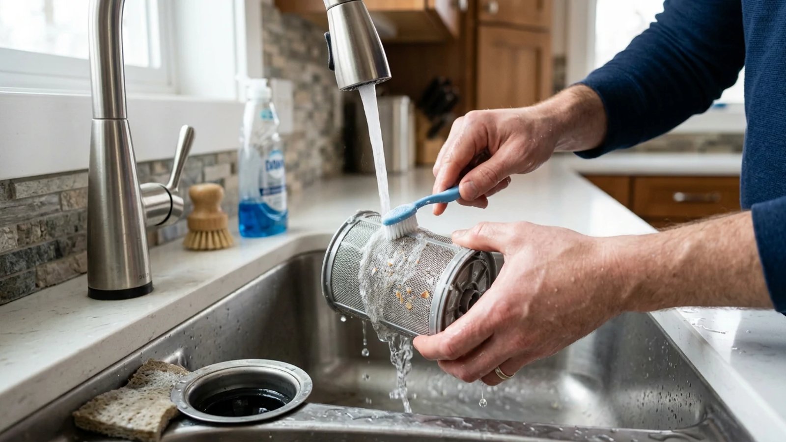 Person cleaning a cylindrical dishwasher filter under running water with a soft toothbrush.
