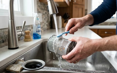 Person cleaning a cylindrical dishwasher filter under running water with a soft toothbrush.