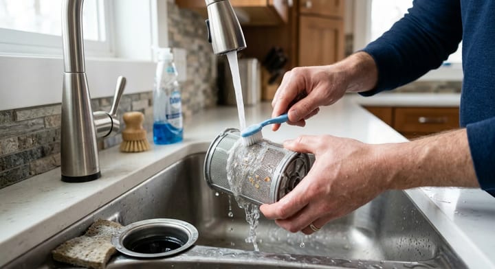 Person cleaning a cylindrical dishwasher filter under running water with a soft toothbrush.