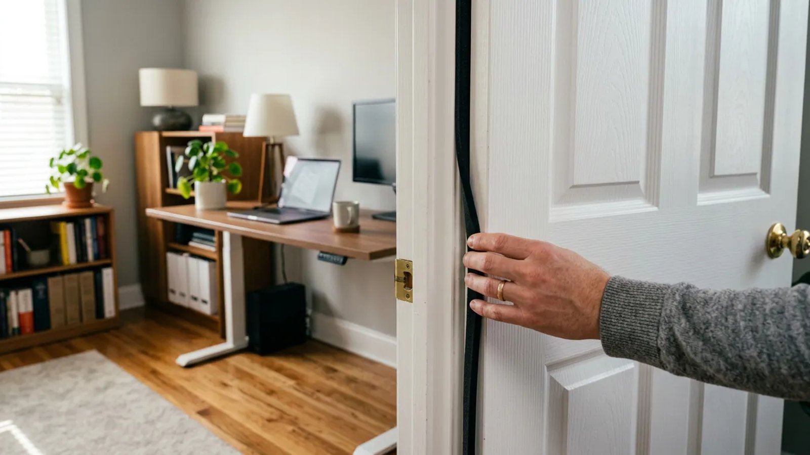 Applying acoustic weatherstripping to a home office door frame