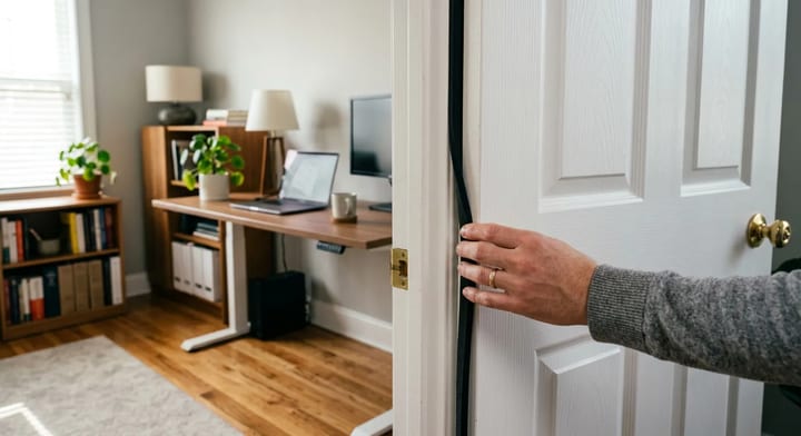 Applying acoustic weatherstripping to a home office door frame