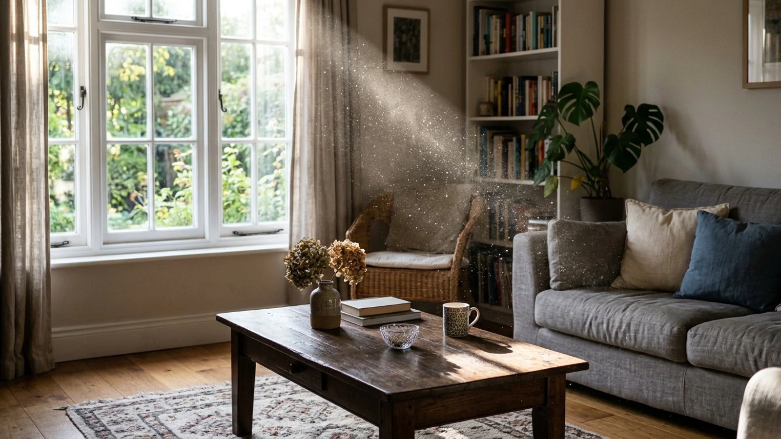 Sunlight revealing floating dust particles in a living room
