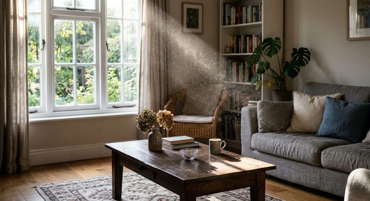 Sunlight revealing floating dust particles in a living room